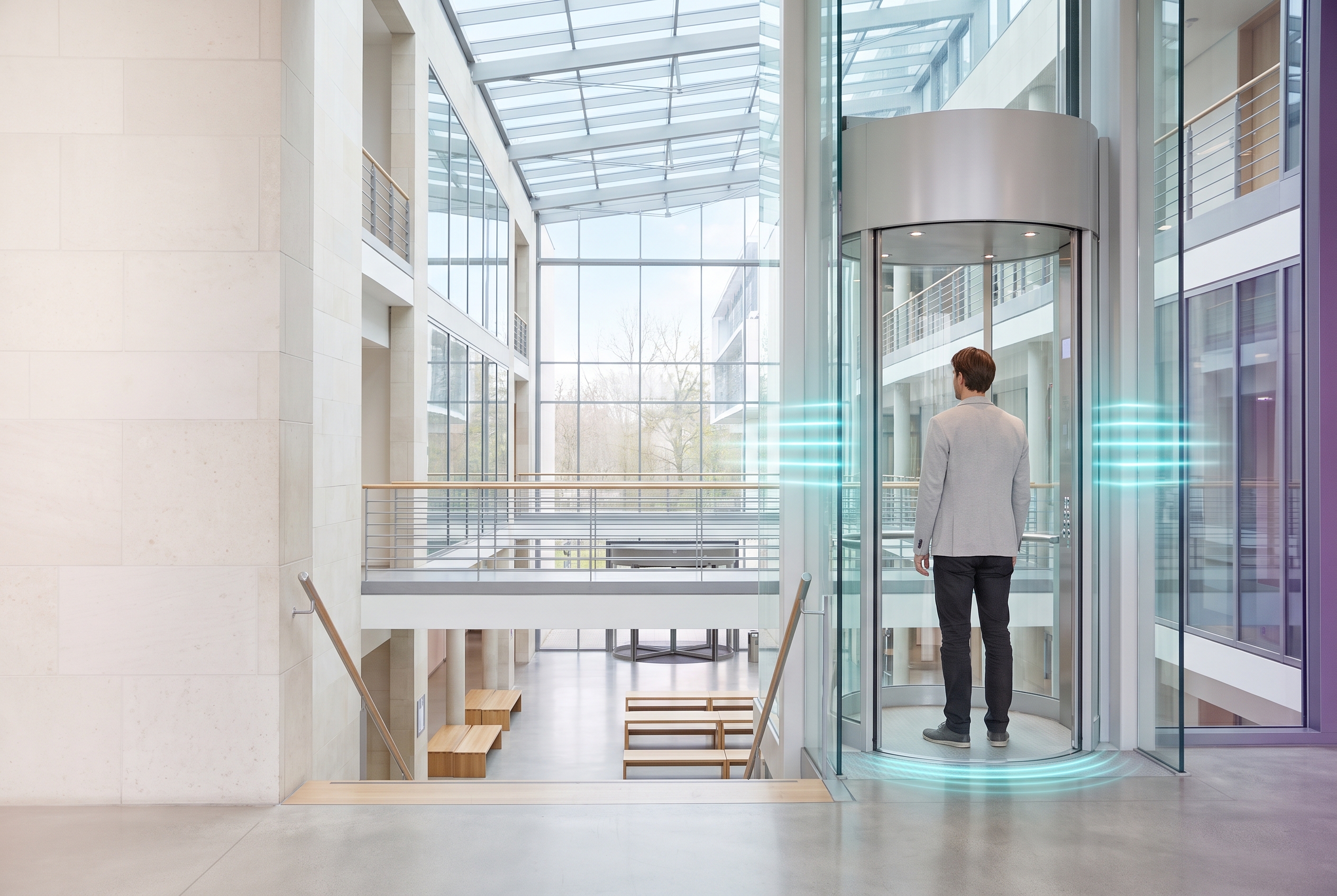 Illustration showing credential verification and policy-controlled elevator floor authorization.