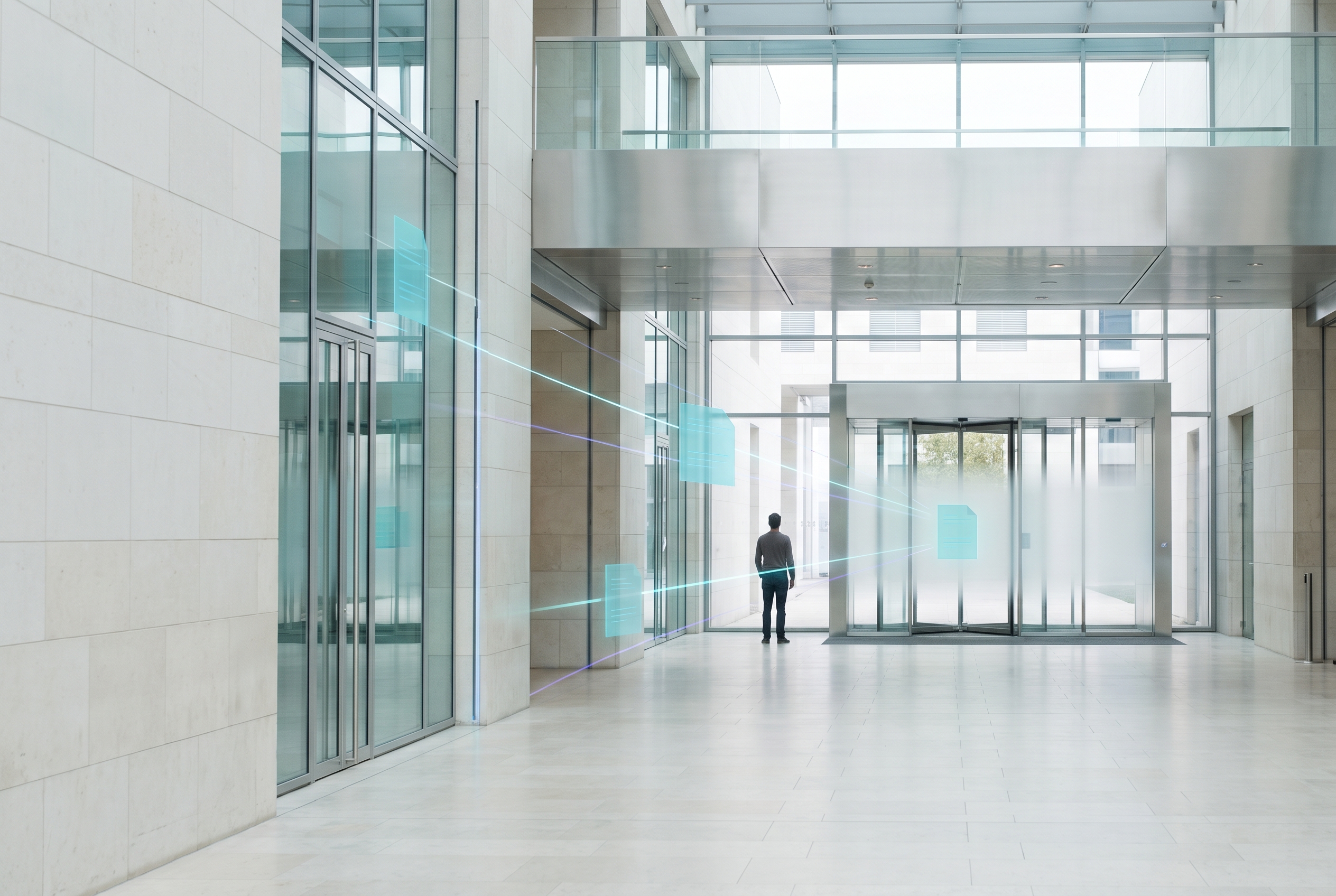 Illustration of calm institutional architecture with sealed trust marks.