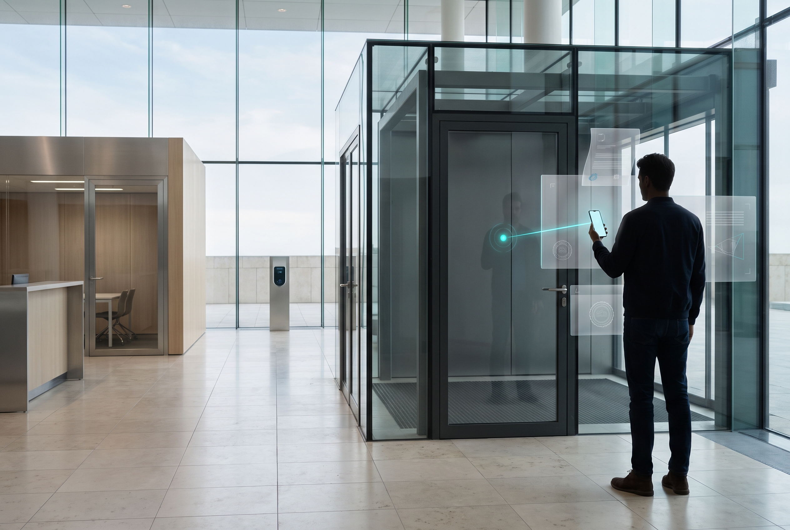 Illustration of an employee using a phone as a credential and workplace control surface.