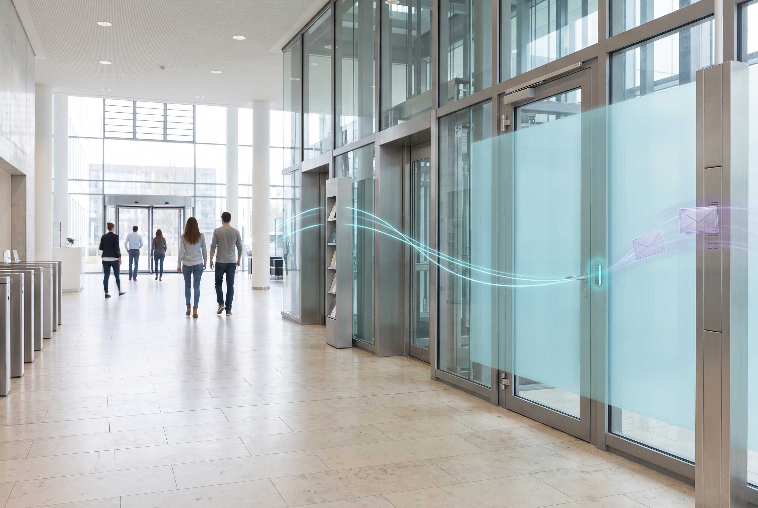 Illustration of doors, elevators, and cabinets governed through one access-control layer.