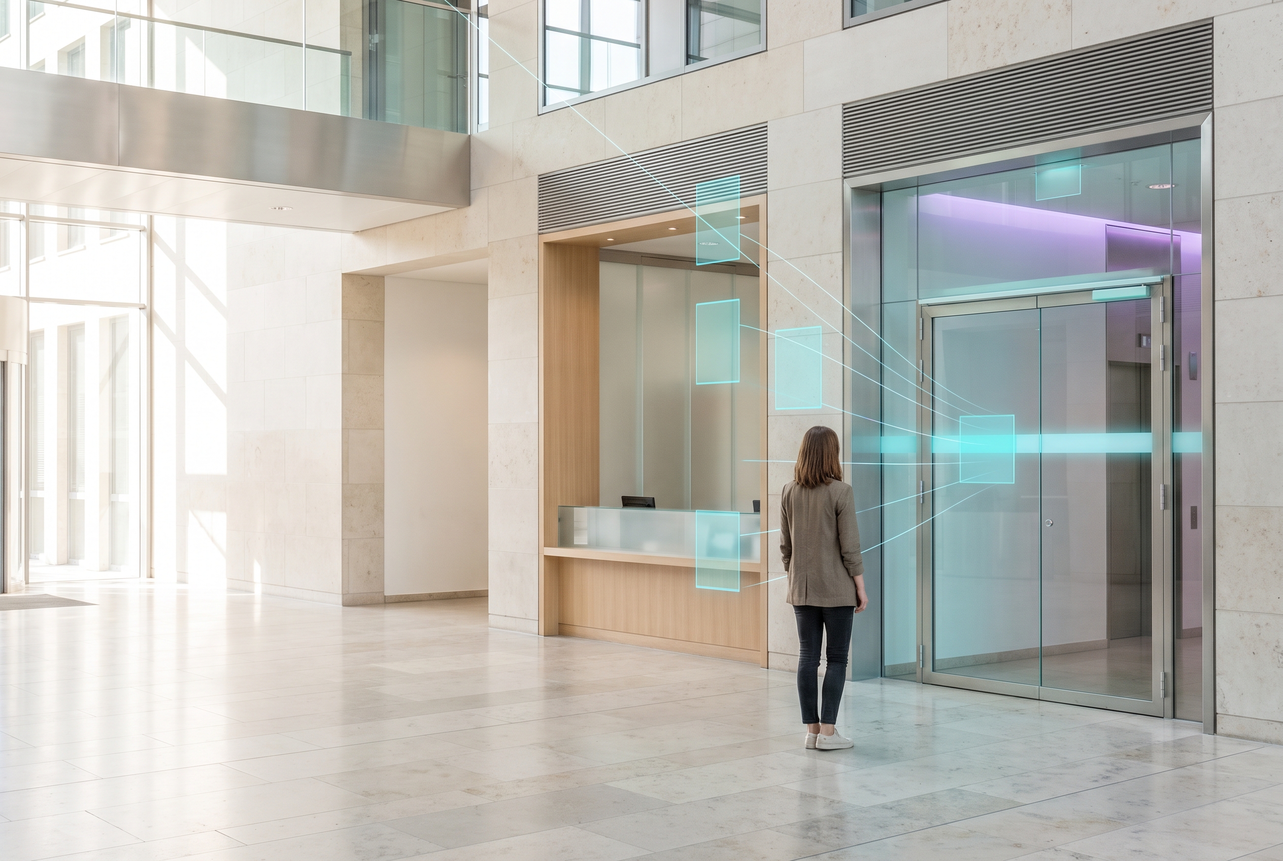 Illustration of calm operational support beside a governed lobby.