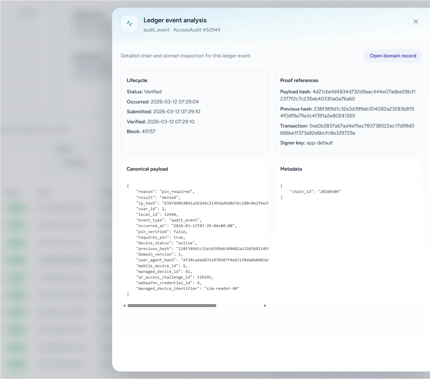 NG-Key ledger event and audit inspection view